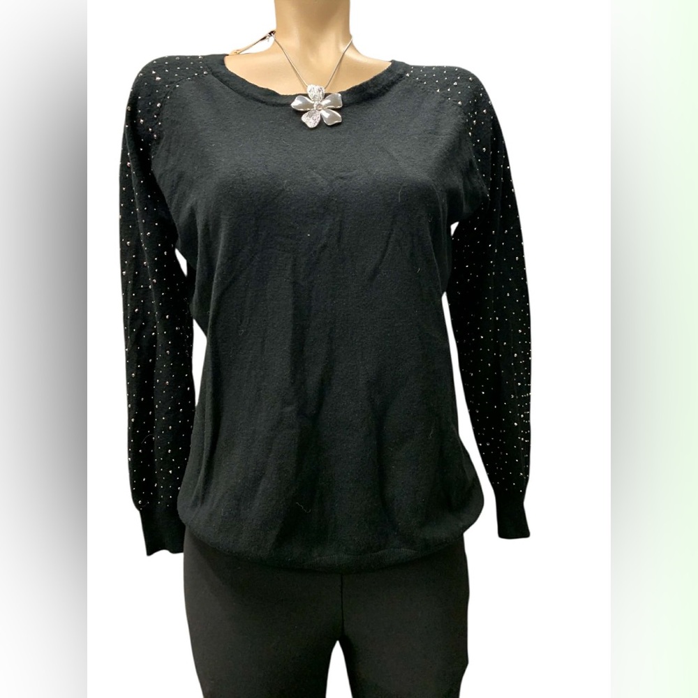 Vila Milano Chic Black Sweatshirt with Embellished Sleeves Size XL
